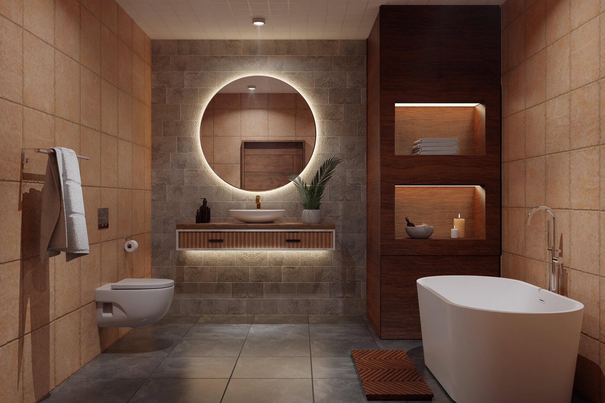 Warm modern bathroom rendering with freestanding tub and vanity